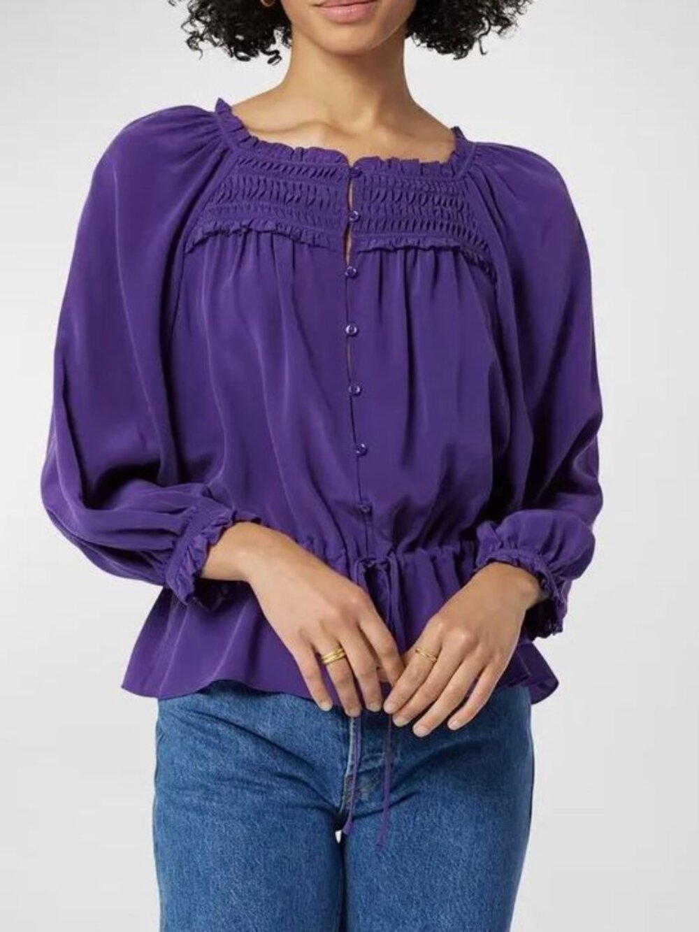 Joie Asseline Ruffle-Trim Blouson-Sleeve Blouse